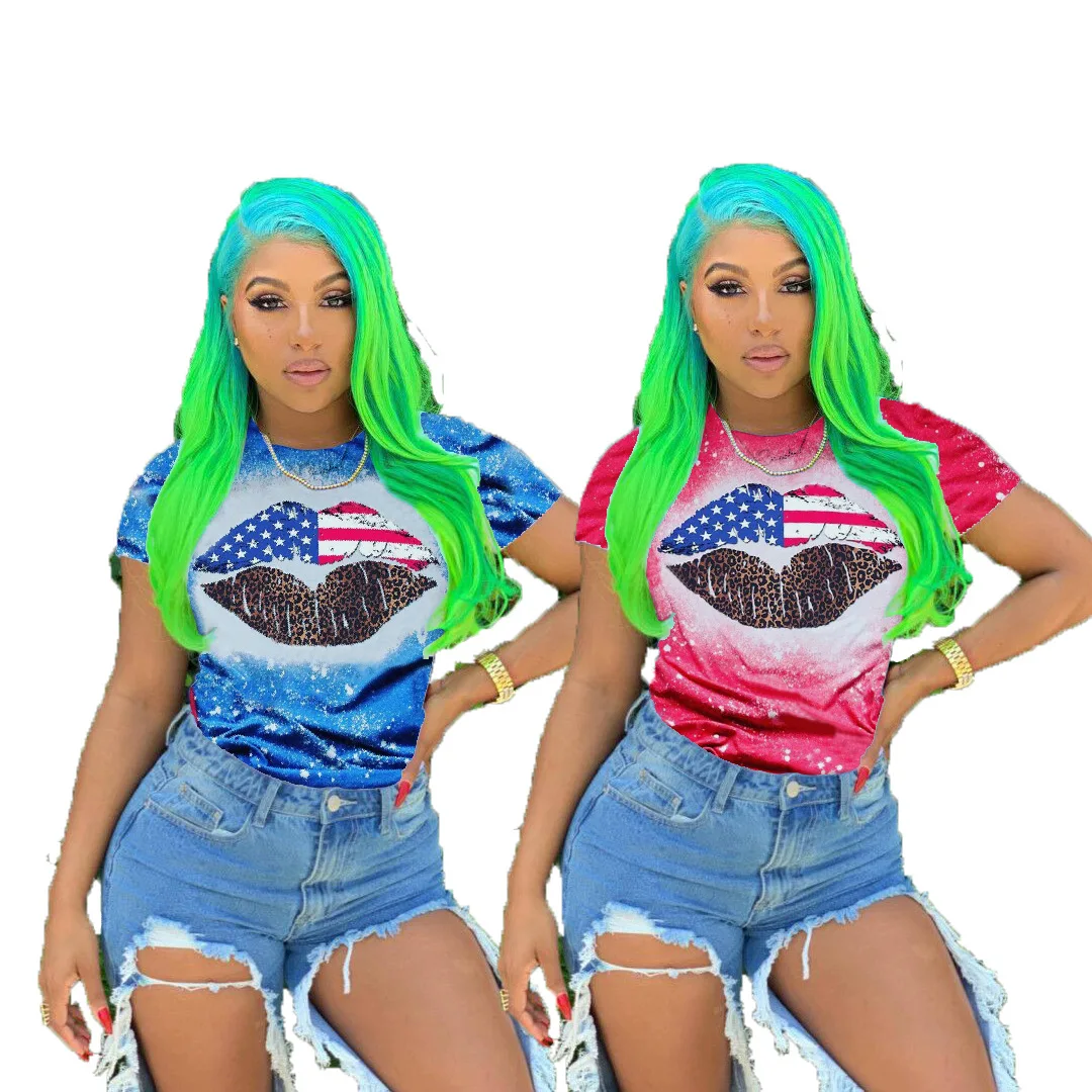 

GZLO3065 2021 summer new arrivals fashion women tops short sleeve splicing Lips printed women t shirt, 2 colors