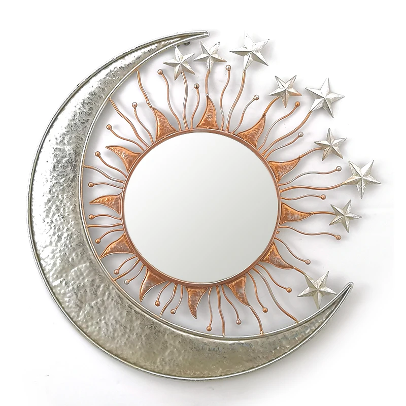 

80cm sun & moon shape silver wall mounted metal frame mirror decorative for living room, Customized