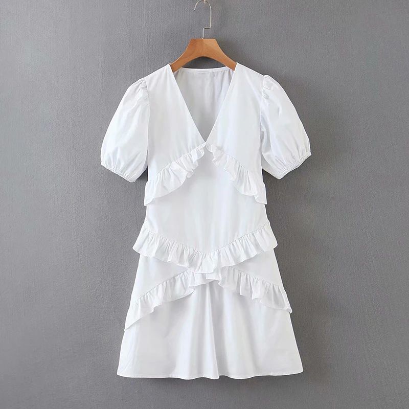 

Lovely White Short Puff Sleeve V-neck Fit and Flare Ruffle Mini Dress