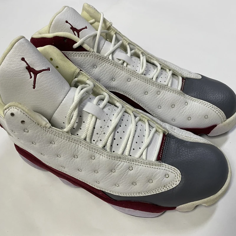 

Collectible Air Jordan 13 men's basketball shoes retro Nike original authentic AJ13 boots white and red mixed color, White red grey