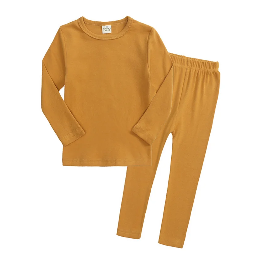 

Hot sale children clothes solid color 2pcs pajamas 100% Cotton long sleeve high quality Clothing set, Accept customized color