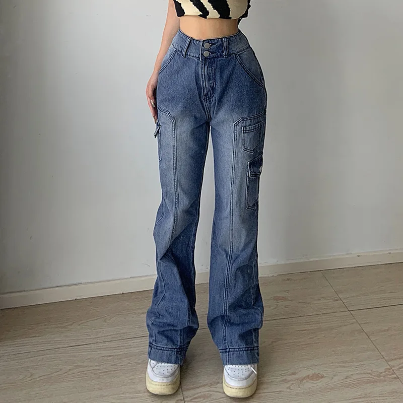 

C0533 Hot selling new street irregular pocket High Waist straight leg casual jeans pocket plus size jeans for women