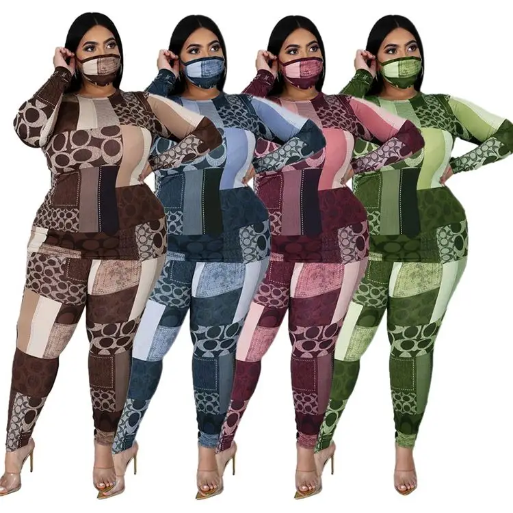 

Best Seller 2021 Plus Sizes Long Sleeve Bodysuit Tight Stretchy Patchwork Printing Women Clothing 2 Piece Set For Womens