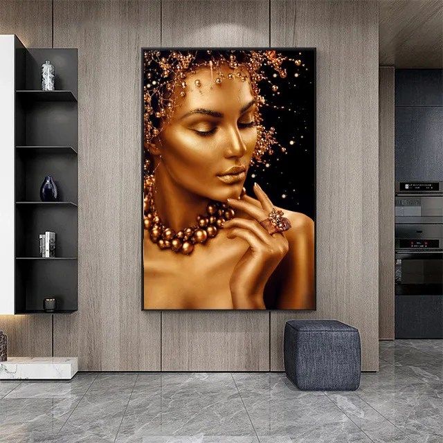 

Luxury African Woman Wall Painting Canvas Wall Art Prints Crystal Glass Painting with Frame Decor for Home Living Room
