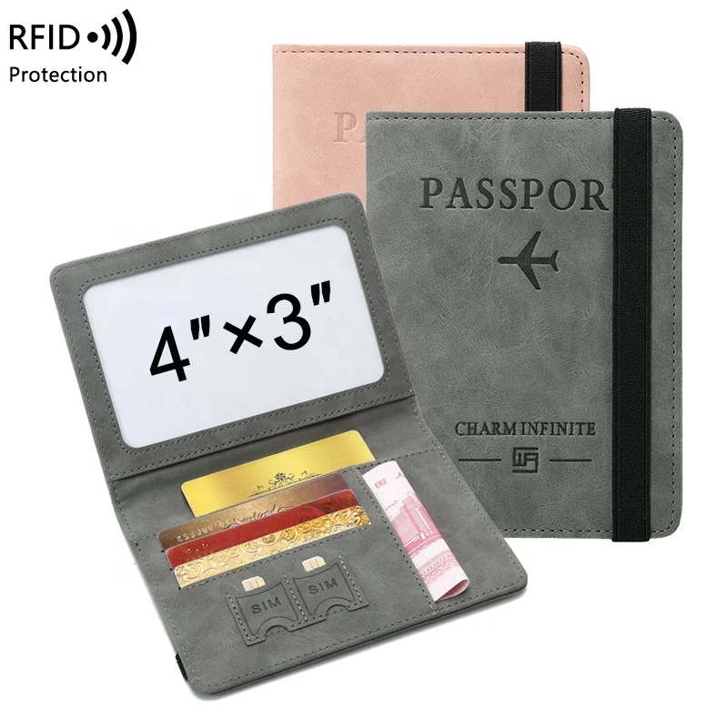 

2022 4x3 inch vaccine card holder protector PU leather passport and vaccination card cover Travel rfid wallet passport holder