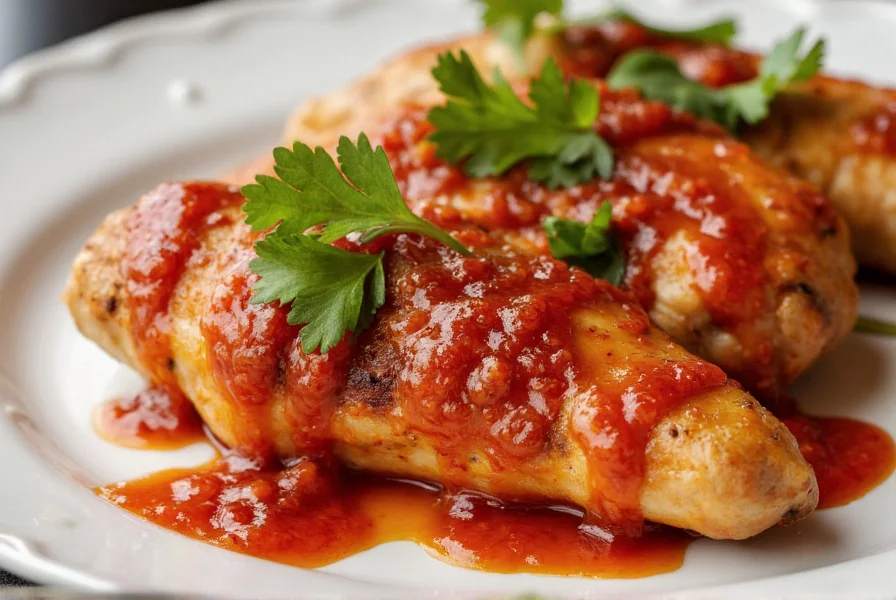 Vibrant red chili sauce drizzled over grilled chicken with fresh cilantro garnish
