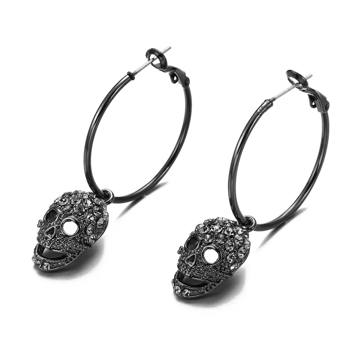 

Gothic Black Skull Head Pendant Earrings Hips Hops Rock Punk Crystal Rhinestone Hollow Skull Head Hoop Earrings, Picture