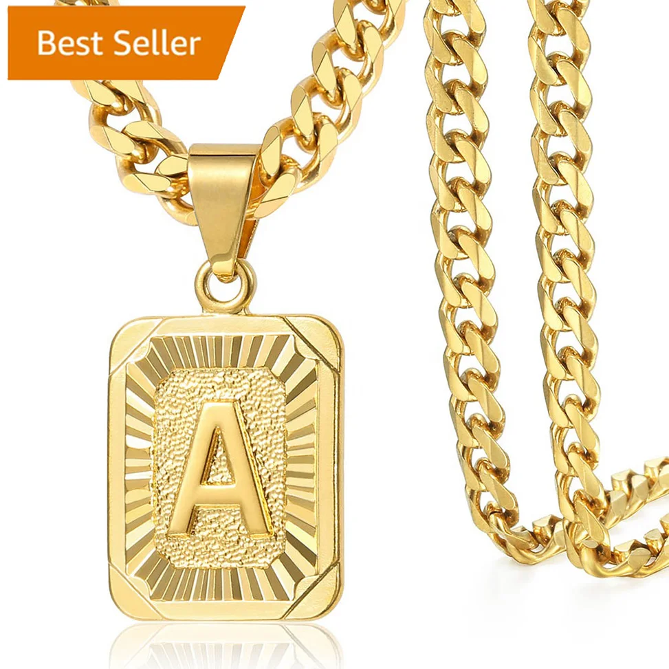 

Hot Sales Men Cuban Chain gift 18K Gold Color A-Z Letter Square Stainless Steel Initial Pendant Necklace