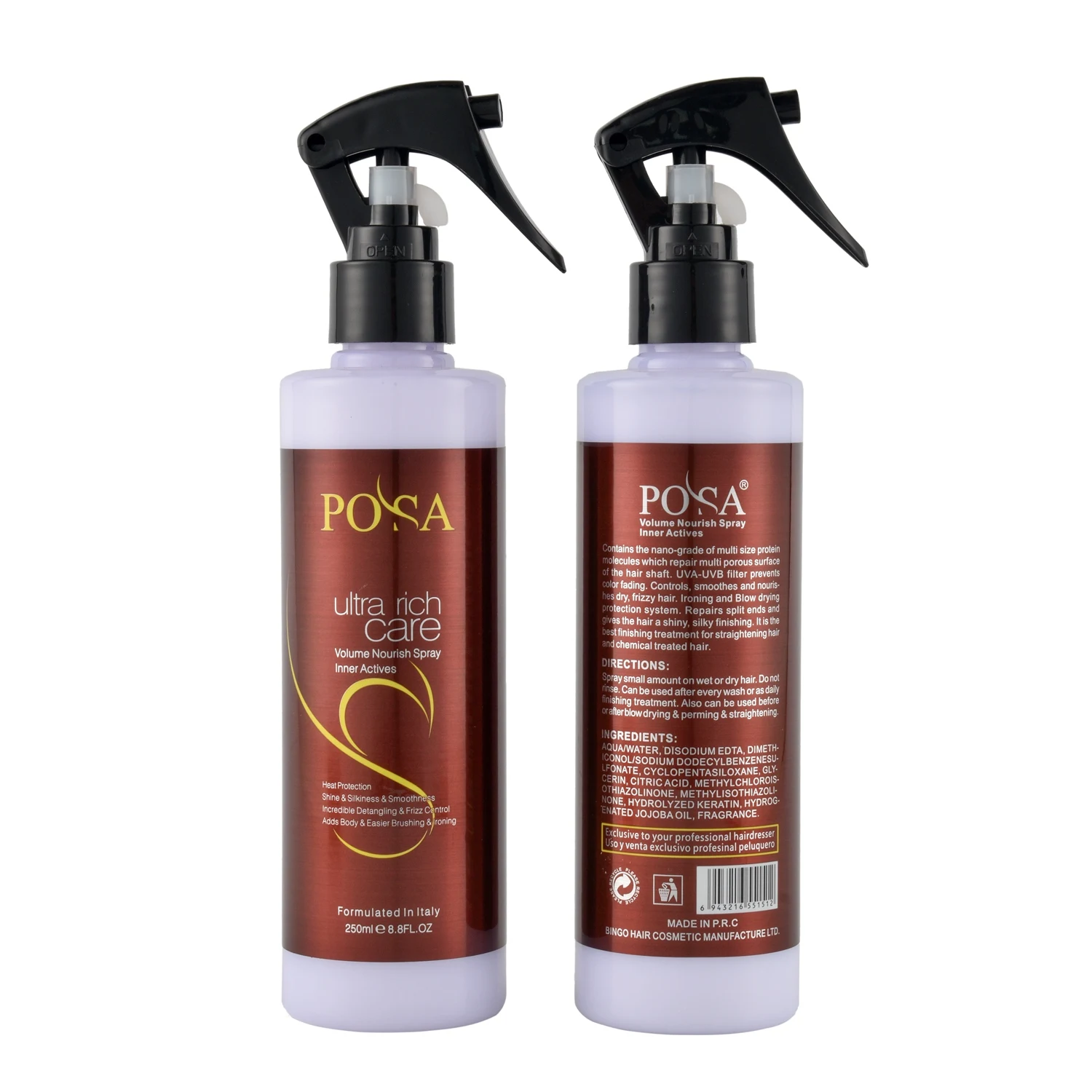 

POSA Hot Selling Hair Care Nourish Spray with keratin Protein Vitamin B5 for Dry Damaged Hair 250ml