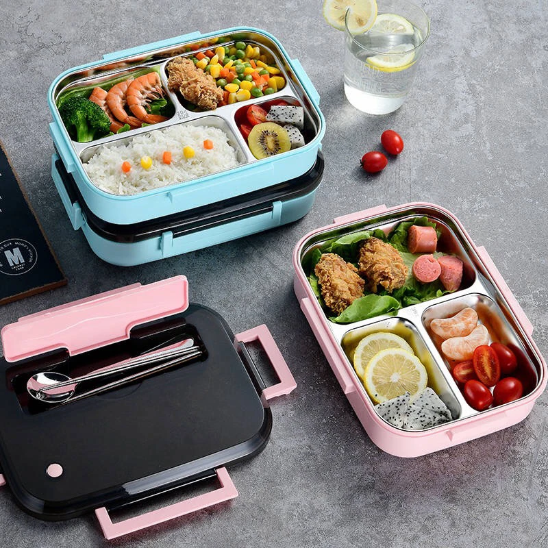 

2021 amazon kids thermal stainless steel food container 3 compartments leakproof bento lunchbox with cutlery