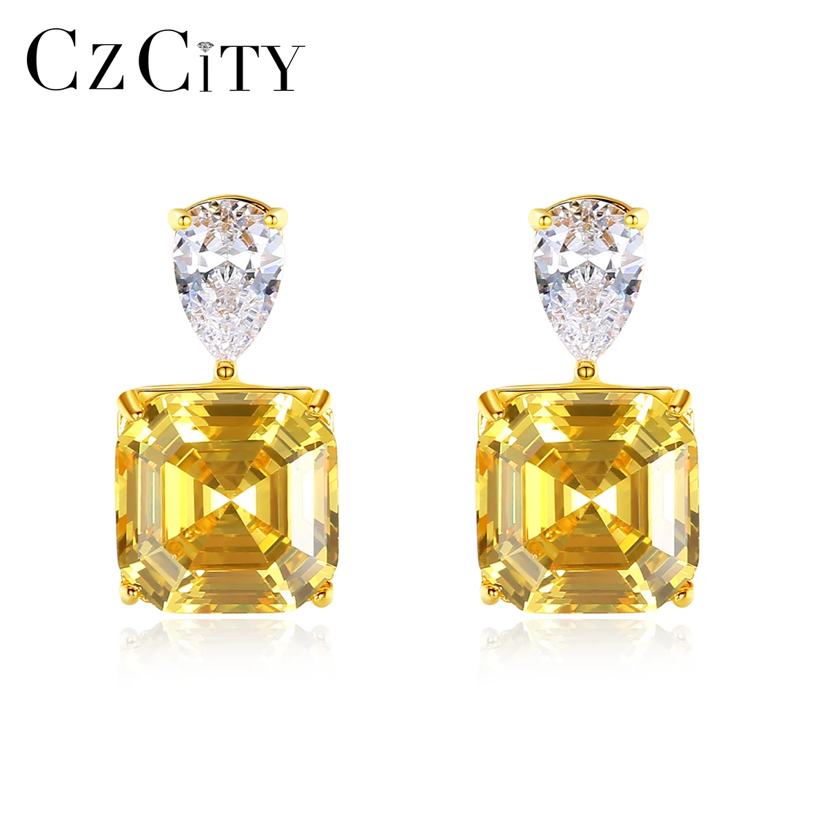 CZCITY Asscher Cut Zircon Fancy Jewelry Drop  Earrings Gold Plated 925 Sterling Silver Earrings for Women