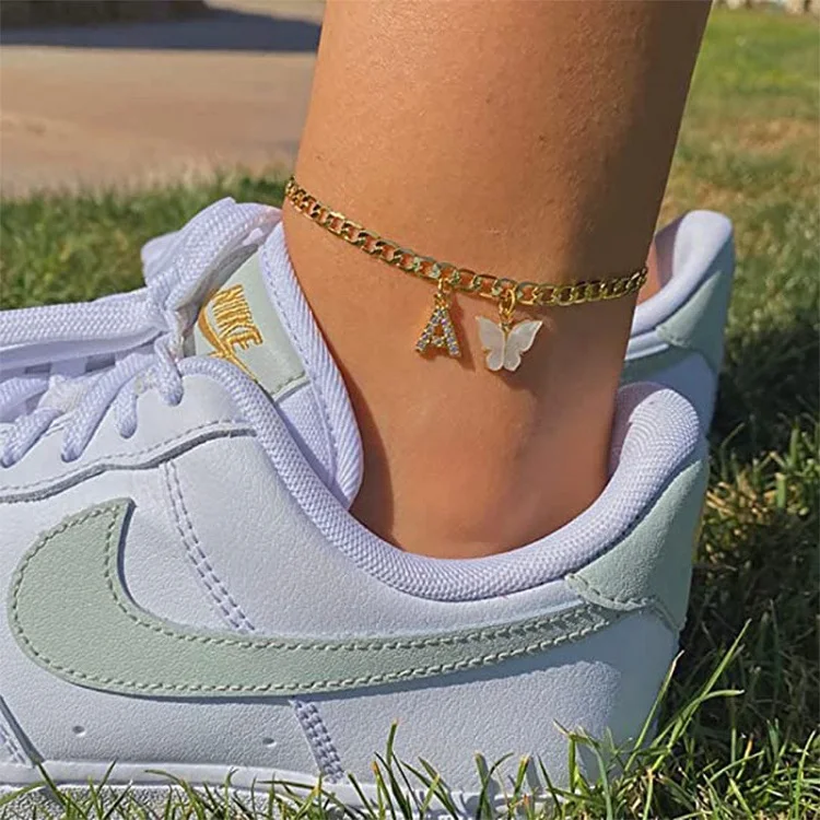 

Personalized Summer Beach Jewelry 14K Gold Plated Dainty Handmade Cuban Chain White Butterfly A-Z Alphabet Letter Initial Anklet