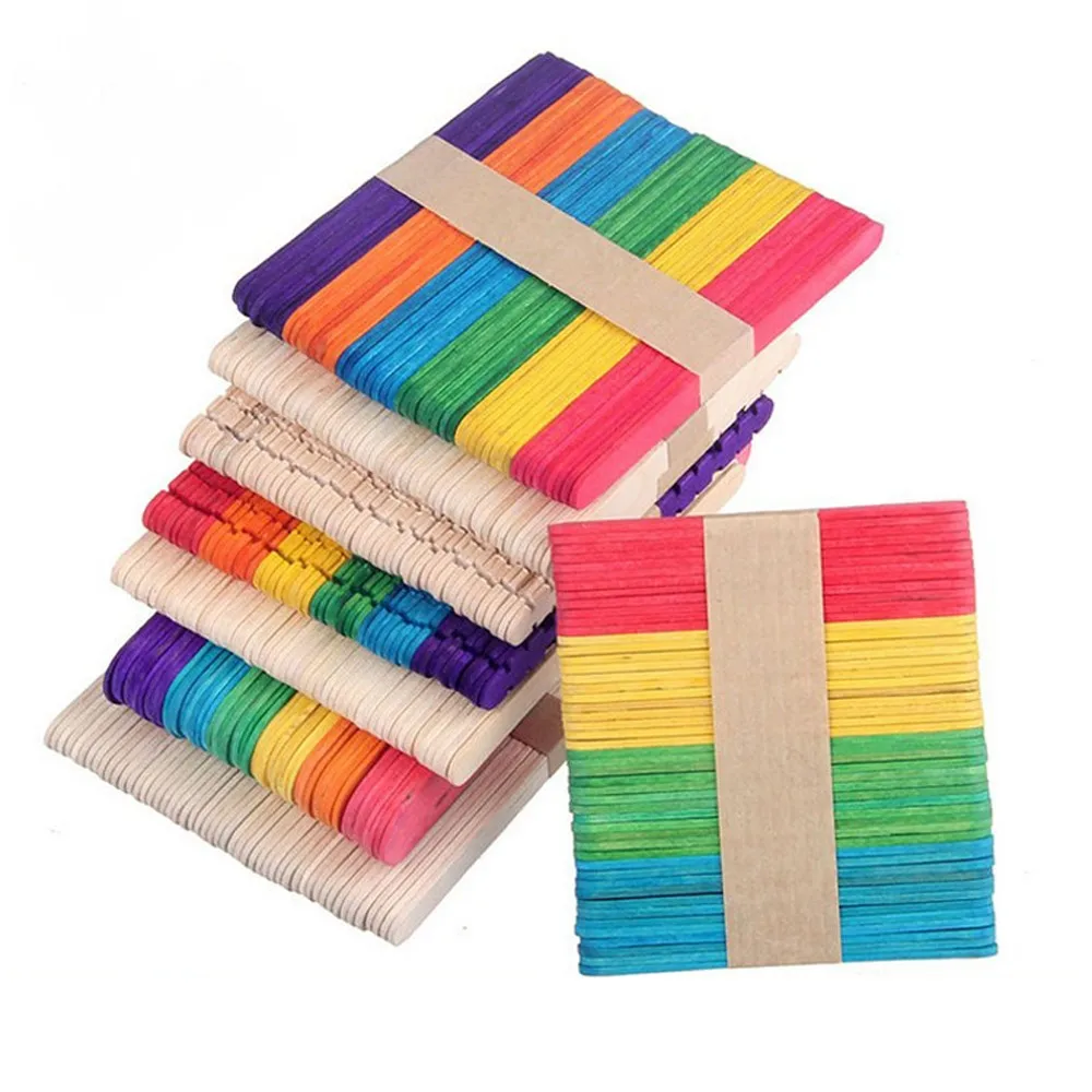 

50 Pcs DIY Wooden Popsicle Stick for Party Kids Crafts Ice Cream Pops Making Puzzle Toy Gift, Colourful