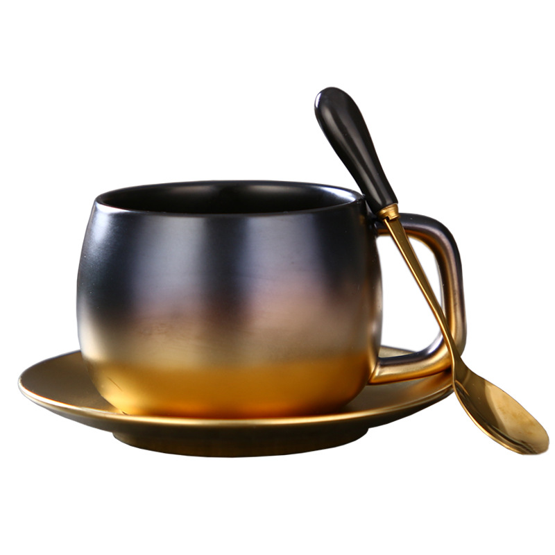 

Feiyou new design Nordic style luxury tea cup Coffee cup and saucer set Frosted black gold coffee cup ceramic mug for gift, As the picture show