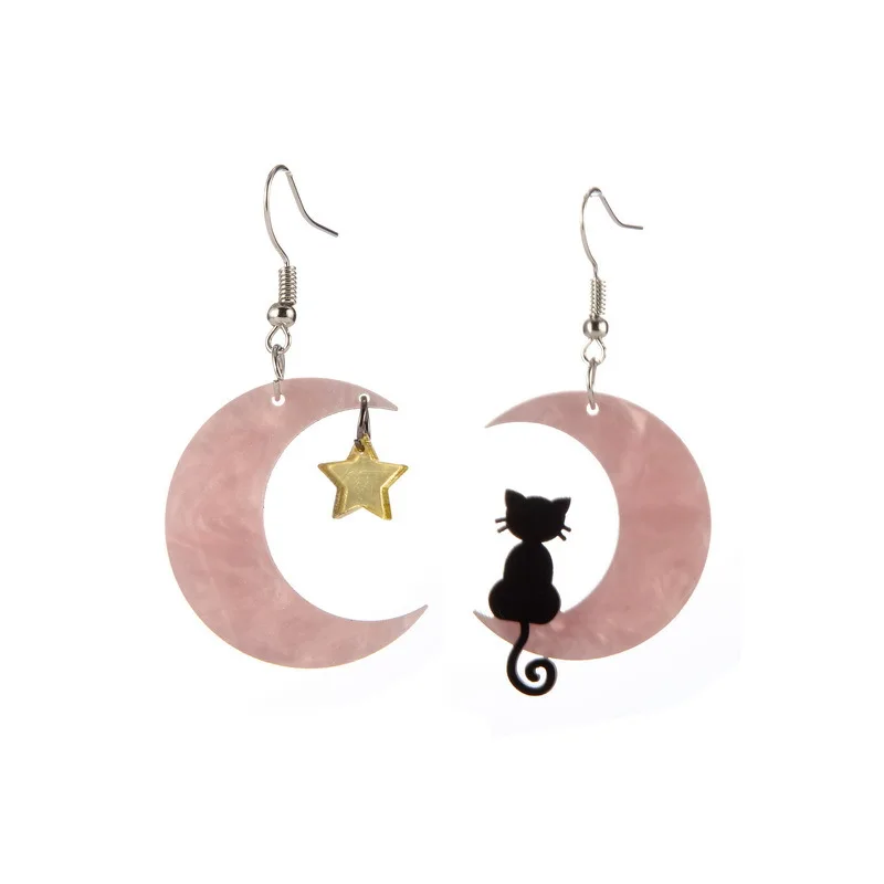 Funny Crescent Moon Cat Matching Resin Cartoon Kawaii Cute Earrings For Women Girls Creative Animal Charms Statement Jewelry