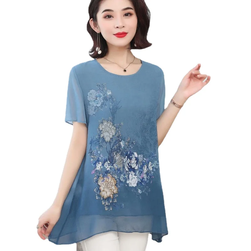

New trendy summer printed chiffon shirt short-sleeved female mother summer dressshirts for women lady, Picture color