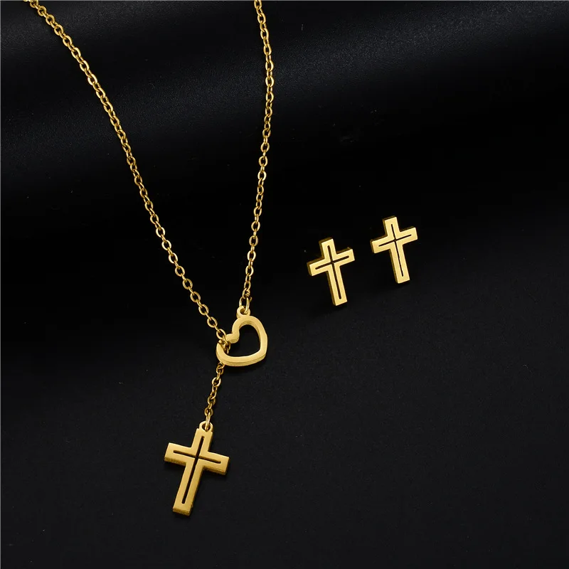 

New Design Simple Hip Hops Religious Christon Pendant Necklace Earrings Gold Plating Catholic Cross Stainless Steel Jewelry Set, As picture