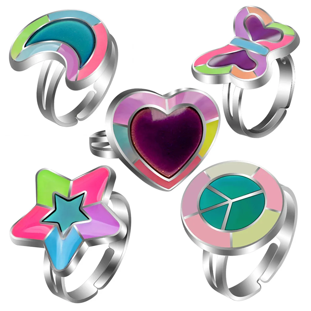 

Changing change Color Funny creative ring Cute cartoon star moon butterfly heart open size Temperature Mood Ring, Picture shows