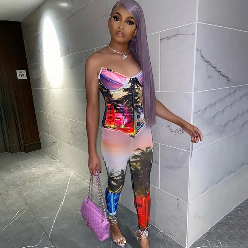 

389 New Arrivals 2021 Autumn Sexy Skinny Sleeveless Colorful Print Corset Jumpsuit Women Jumpsuits Bodysuits, Picture color