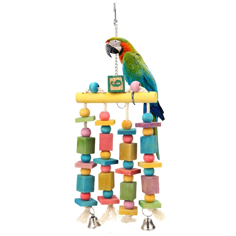 

New Arrival Colorful Bird Hanging Cage Parrot Chewing Bird Bell Toys Stand Toys for Parrot, Wood