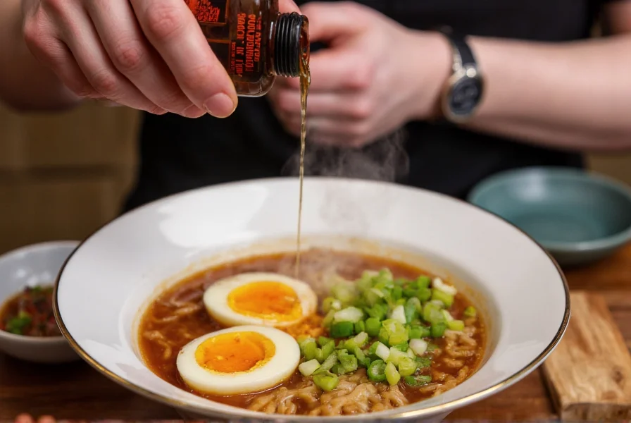 Chef's hand drizzling Trader Joe's chili oil over a bowl of steaming ramen with soft-boiled egg and scallions