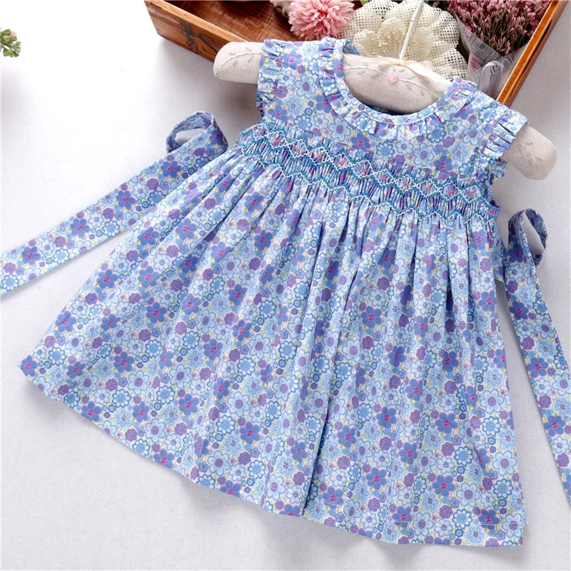 

HBE530 newborn baby smocked dresses floral kdis clothing girl's dress pink blue summer embroidery children clothes wholesale