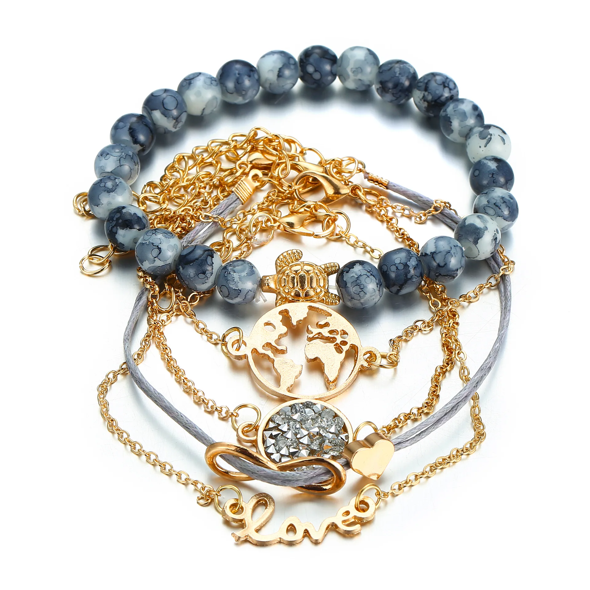 

5 Pcs/set Trendy bracelet Infinity Round Heart Turtle Charms Bangle Adjustable Jewelry Semi Precious Stone for Women, As sample