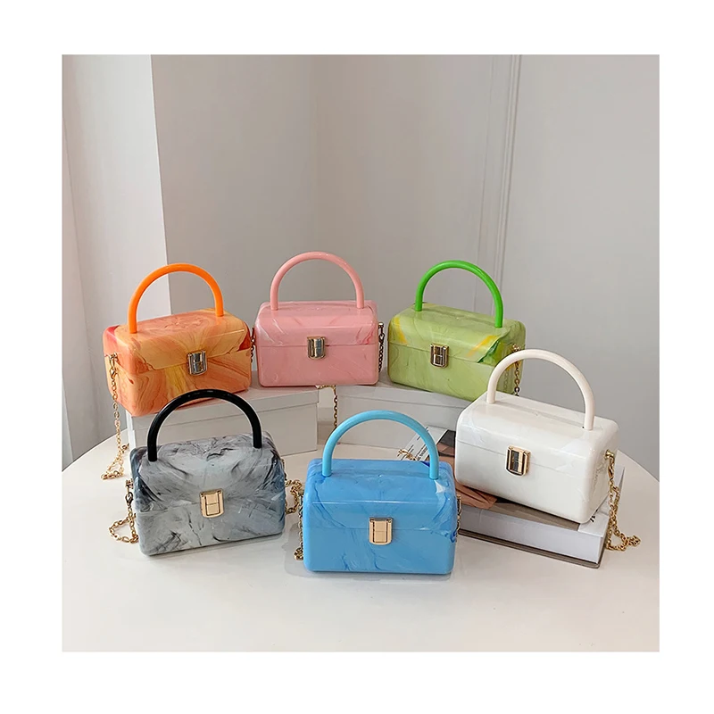 

Summer Candy Color Marble Pattern Box Tote Crossbody Women Hand Bag Trendy Acrylic Small Clutch Short Handle Purses and Handbags