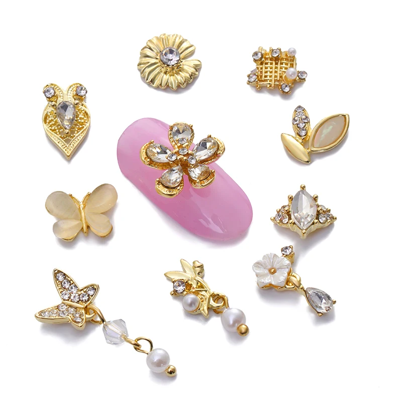 

Mixed Metal Nail Art Decoration Charms Pearl Bead Manicure Handmade Gem Flower Rhinestones, As show pictures