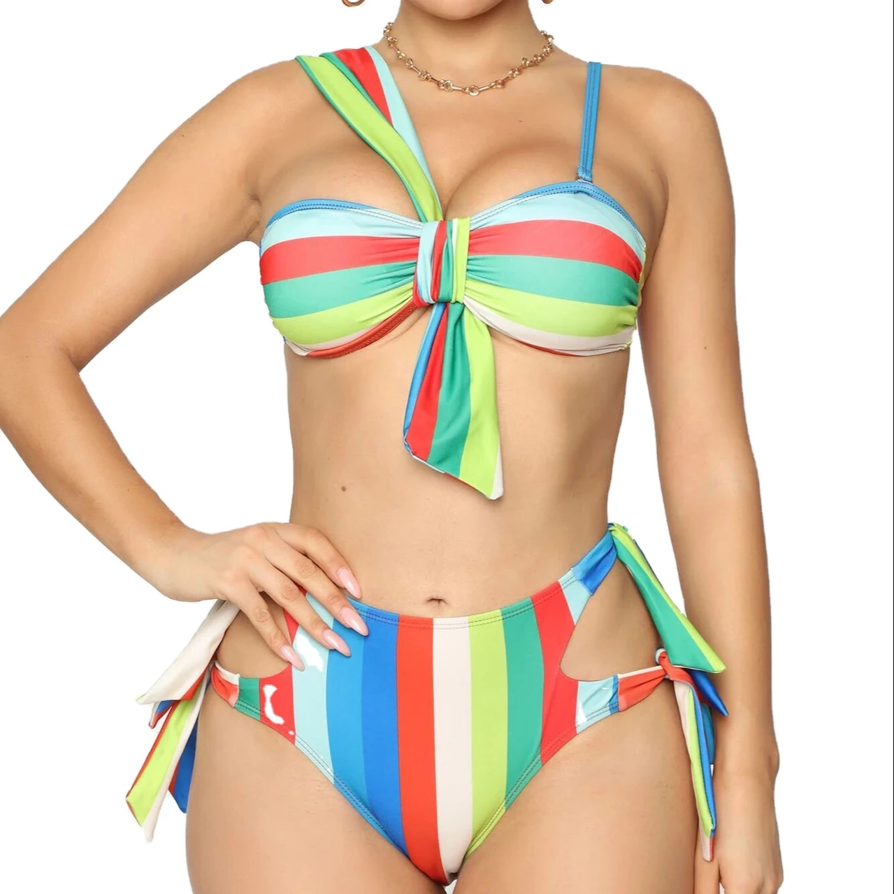 

Lace up high waist triangle swimsuit striped print open back swimsuit sexy women's two piece swimsuit wholesale beach bikini