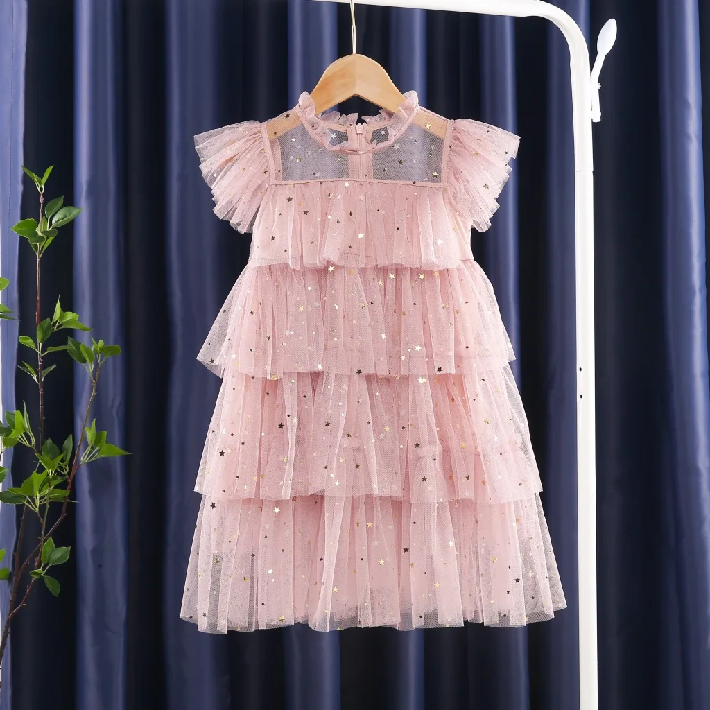 

Summer Girls Fluffy Lace Dress Kids Sleeve Toddler Baby Dress Prom 2021 New Children Girls Pink Dresses Princess Kids, Picture shows