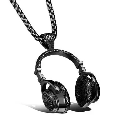 Mens Punk Black Cool Music Headset Pendant Necklace Hips Hop Design Stainless Steel Headphone Necklace