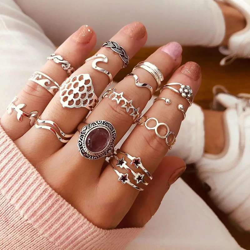 

17pcs star seagull knuckle finger rings fashion vintage silver gemstone ring set for women girls, Vintage sliver