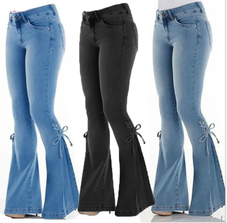 

Autumn fashion ladies high stretch flare bell bottom jean trousers with bow plus size women wide leg denim jeans