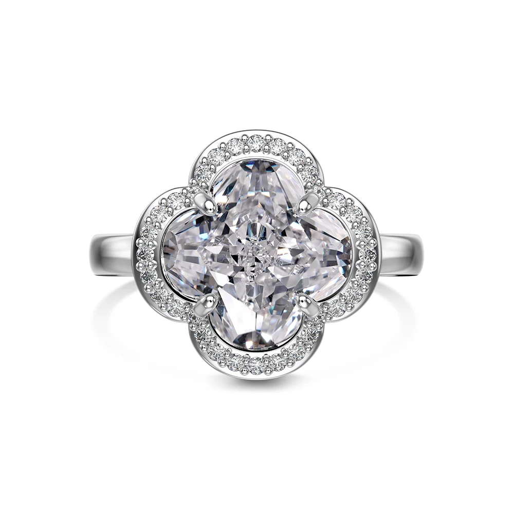 Dylam Charm Jewelry 925 Sterling Silver Rhodium Plated Eternity Band Blossom Flower Four-Leaf Clover Zirconia Women Rings