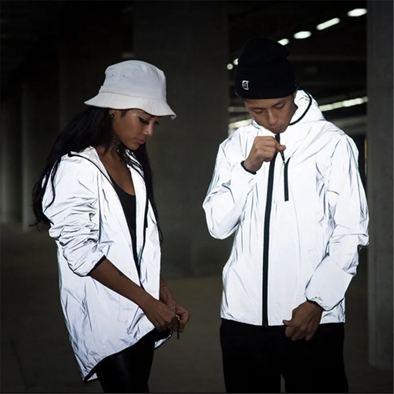 

Hip hop Streetwear clothing reflective jacket Unisex windbreaker Hooded coat Noctilucent outwear night shiny jackets