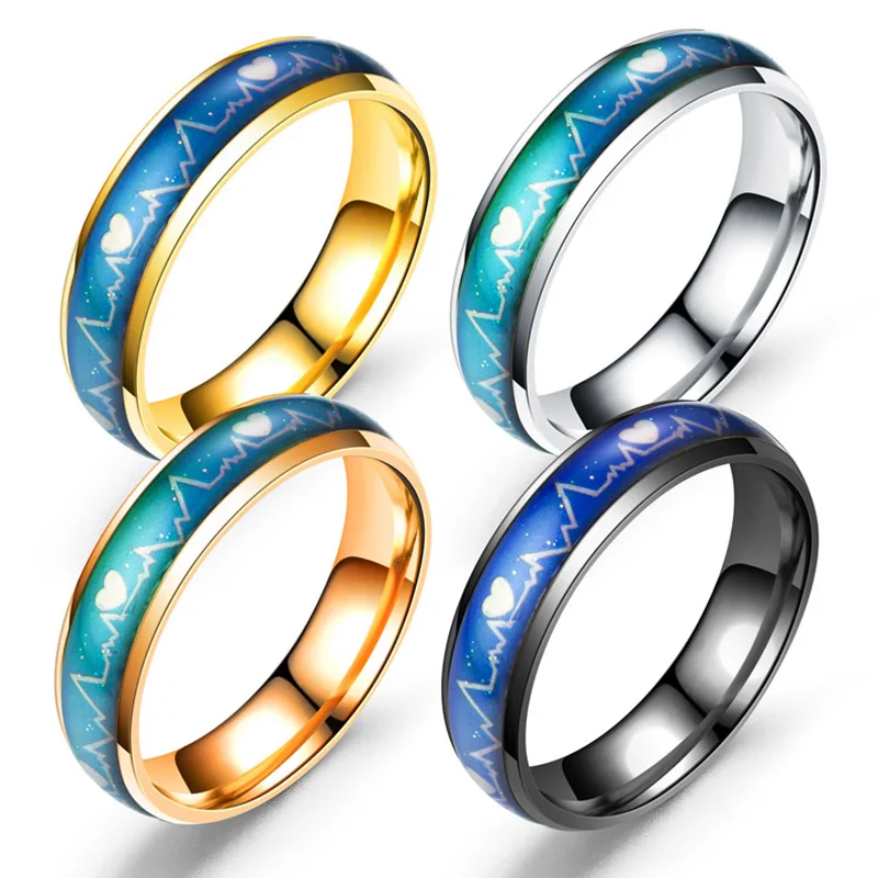 

Ecg Feels Warm love Mood Rings Temperature Changing Magic Stainless Steel Wedding Rings For Women Men Fashion gift Jewelry, As show