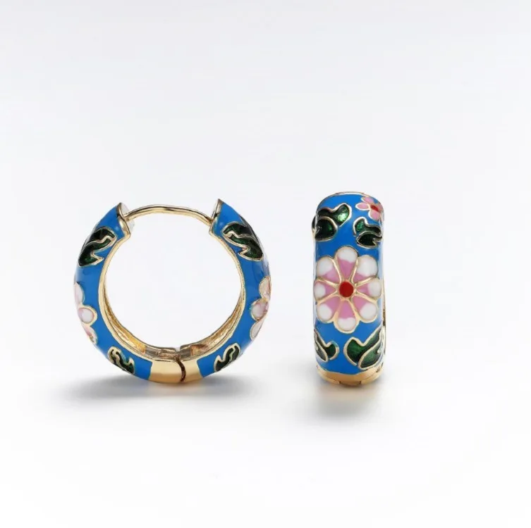

2021 Women Vintage Boho Circle Small Earrings Orecchini A Cerchio Enamel Flower Huggie Hoop Earrings, Gold color