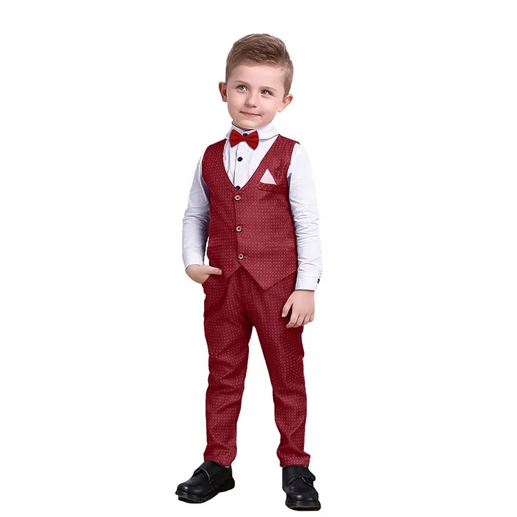 

Children Dress Fall Formal Outfits 2021 Tuxedo for Party Wear Shirt Vest Pants Suit for 2-8 Years Old Baby Boy Kids Clothing Set, Red, blue, purple