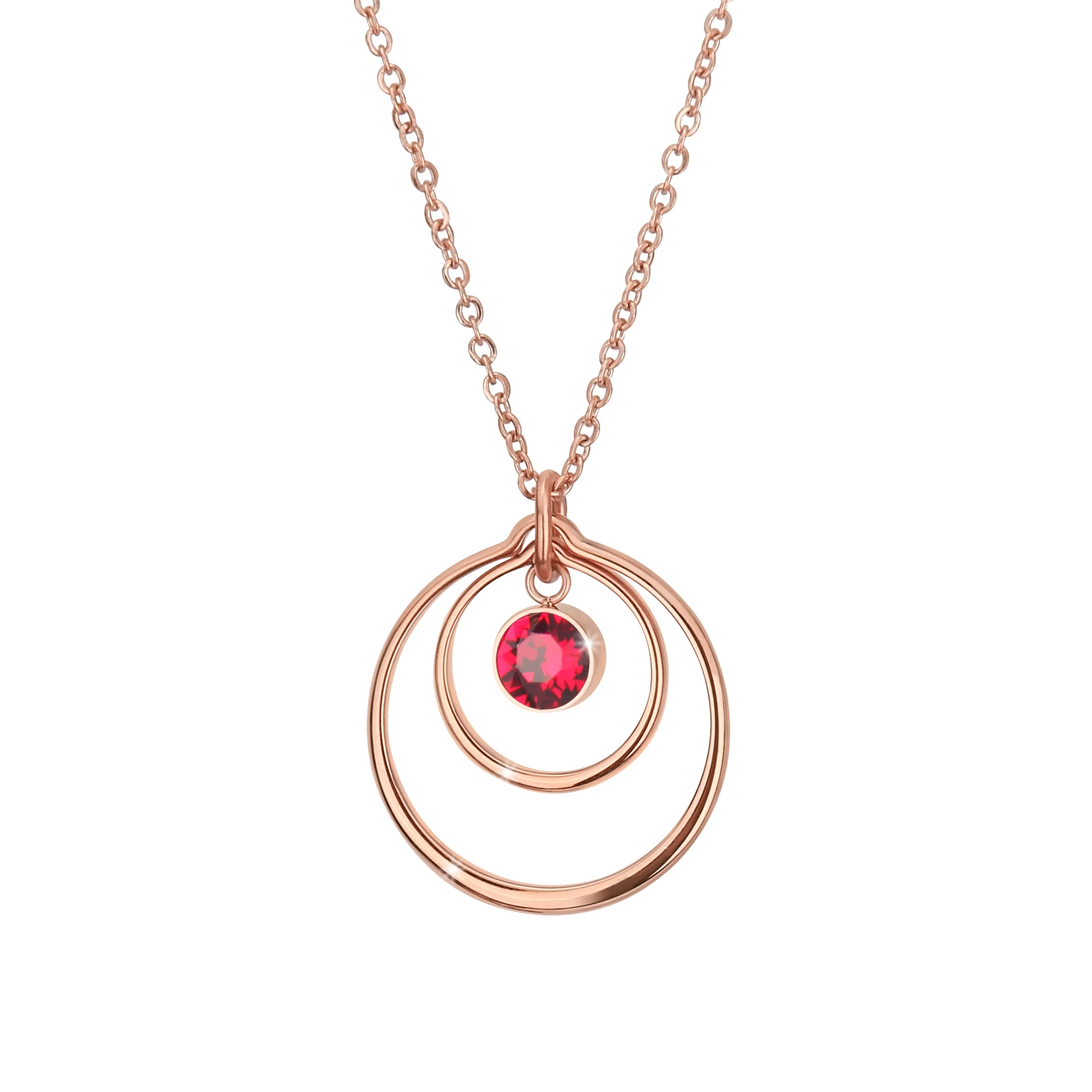 

Europe and America style red crystal necklace rose gold chain double ring pendant stainless steel necklace