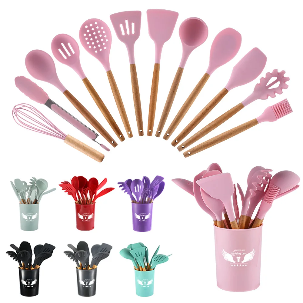 

Hot Sale 12pcs Silicone Kitchen Utensil Set-Silicone Cooking Utensil set with wooden handle-kitchen ware Kitchen Utensil Set