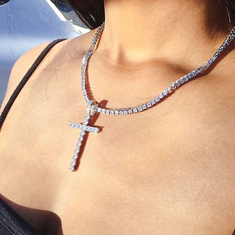 

Hot Jewelry Jesus Sterling Silver Cross Necklace Hip Hop Fashion Trend Cross Tennis Choker Belief Diamond Cross Pendant Necklace, Picture shows