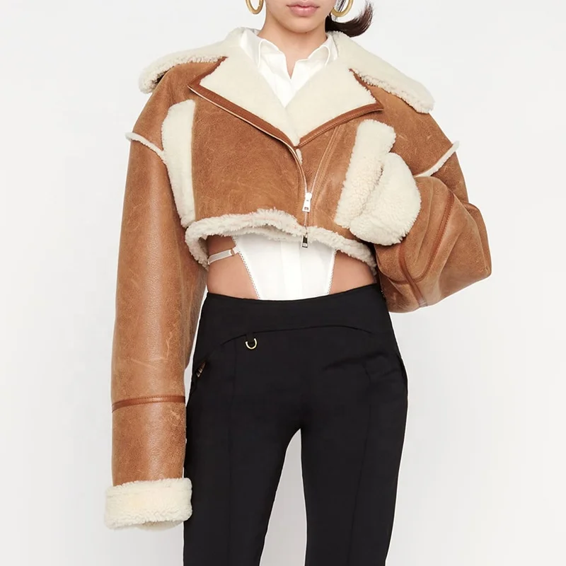 

Women Leather winter wool lamb patchwork coat terry fur jacket