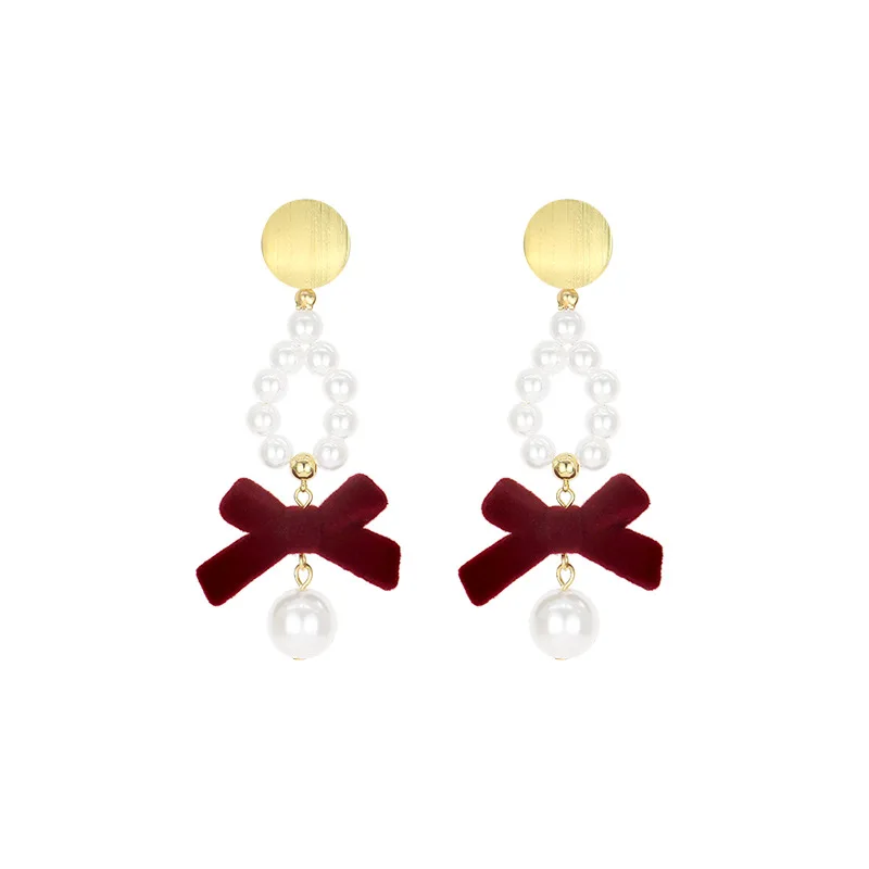 

JUHU New round retro geometric earrings silver needle temperament bow long pearl earrings Wine red velvet jewelry for women