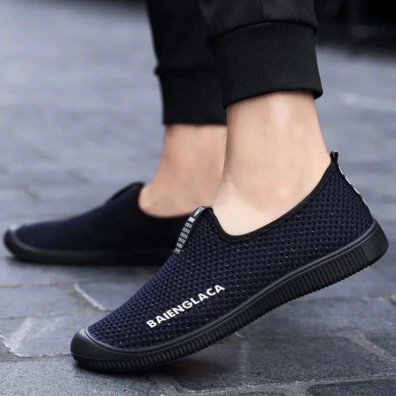 

2021 new design flywoven mesh breathable casual leather loafer shoes, Black/blue