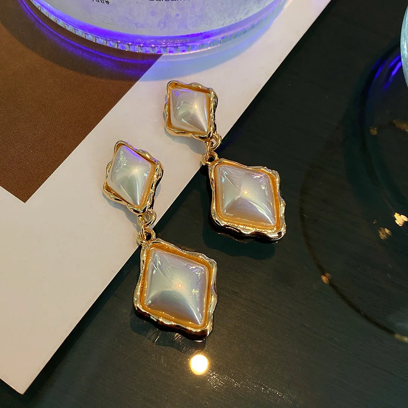 

trendy fashion pearl square gemstone drop earring women