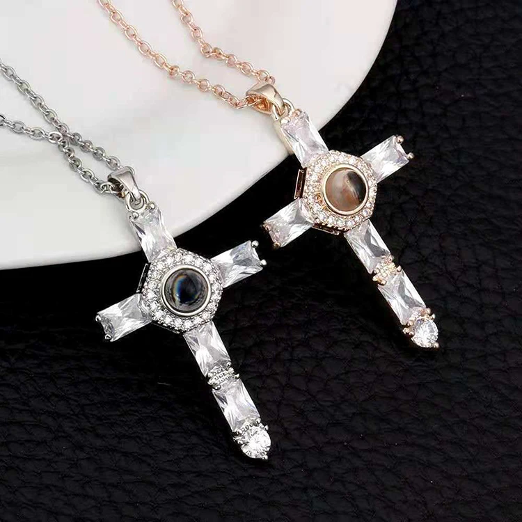 

k011 Hot Selling Christian Cubic Zircon Cross Pendant Necklace Religious Languages Projection Necklace for Men