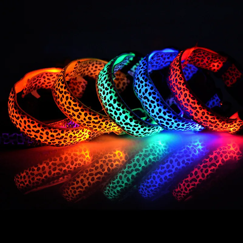 

Adjustable LED Light Glow Pet Collar Leopard Nylon Pet Dog Night Safety Luminous Flashing Necklace Glowing Neck Belt, Multi color