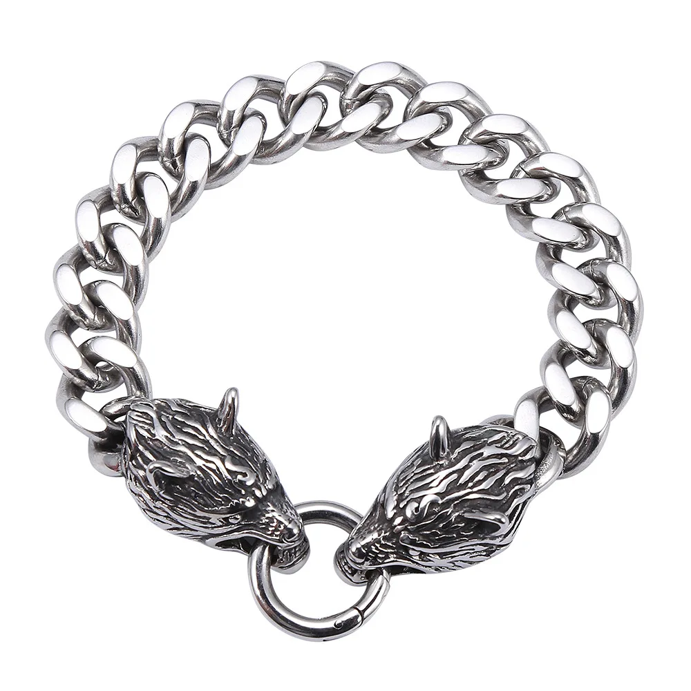 

Wholesale Retro Vintage Pull Buckle Viking Celtic Wolf Heavy Cuban Chain Men 316 Stainless Steel Bracelet
