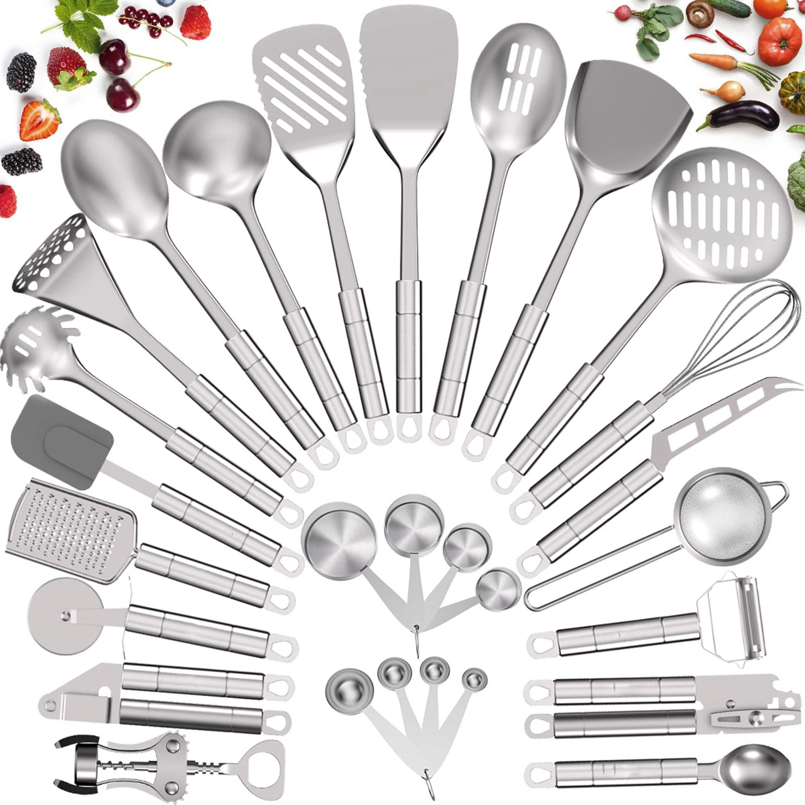 

Solid Durable 28 pcs Nonstick Stainless Steel Kitchen Utensils Set, Siliver